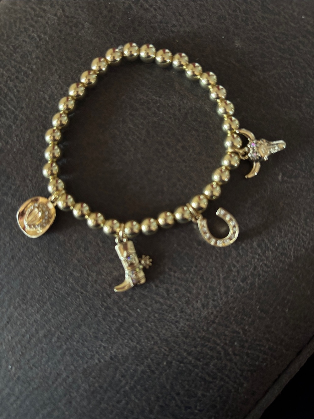 Gold Beaded Stretchy Cowgirl Charm Bracelet 7” Handmade